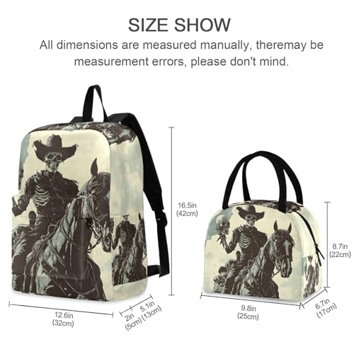 Backpack Lunch Box Set Large Capacity Travel Backpacks and Insulated Lunch Bag for Commute Hiking Picnic Vintage Skull Cowboy Print2