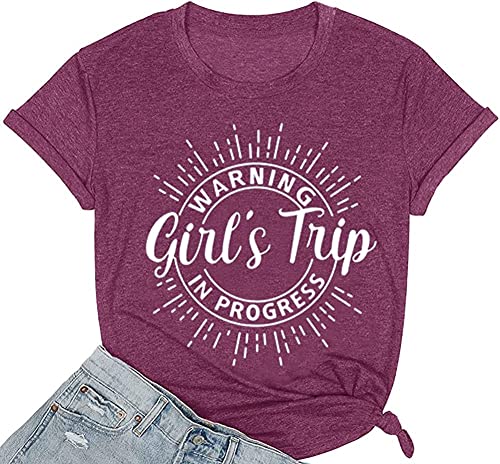 Image of Women's Casual Warning Girls Trip in Progress T-Shirt Casual Crewneck Short Sleeve Graphic Tee