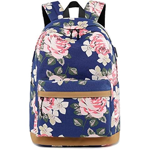 forestfish Laptop Backpacks With USB Charging Port, Large Capacity Lightweight Floral Printed College Bookbag Casual Daypack (Flower-Dark Blue) Cover
