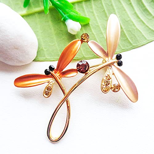 Image of Navachi 18k Gold Plated Multicolor Enamel White Crystal Double Dragonfly Wings Brooch Pins