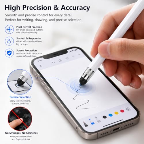 Image of Mizi Stylus Pen for Touch Screens, High Precision Dual Rubber Tip (5mm /7mm) Capacitive Stylus for iPad, iPhone, Samsung, Android Phones & Tablets, No Bluetooth, No Charging - White