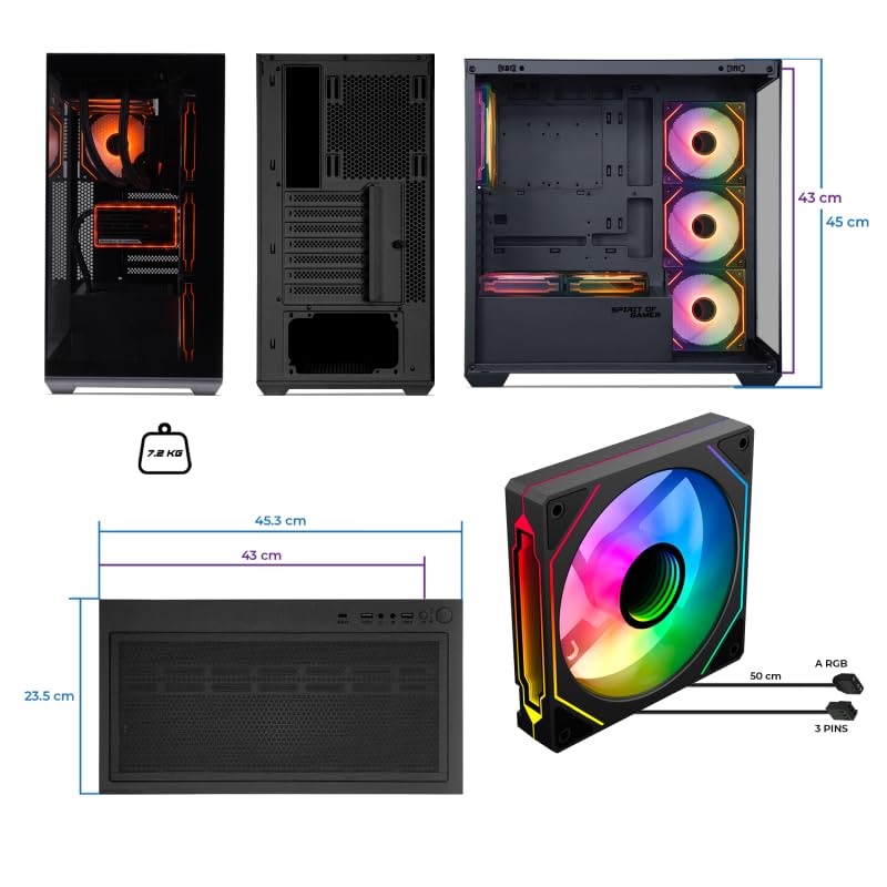 Spirit Of Gamer - Spark Dark, Case PC Gaming RGB Aquarium, Compatibile ATX/mATX/mITX, 6 Ventole ARGB da 120 mm incluse, Torre Gaming Vuota con Pannello Frontale e Laterale in Vetro Temperato da 4 mm