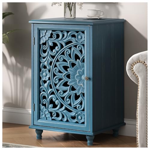 Image of JOINICE Accent Cabinet with Hand-Carved Door for Living Room /Bedroom | Hand-Carved Floral Design, Farmhouse /Rustic Style, Space-Saving, Sofa Table, Solid Wood Legs, Adjustable Shelf, Easy Assembly