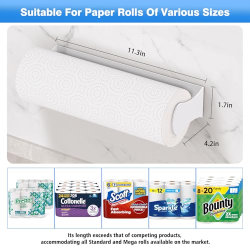Image of Paper Towel Holder Under Cabinet, Adhesive or Screw Mount, Fits Standard & Mega Rolls, Wall Mount Rack for Kitchen, Bathroom, RV, White