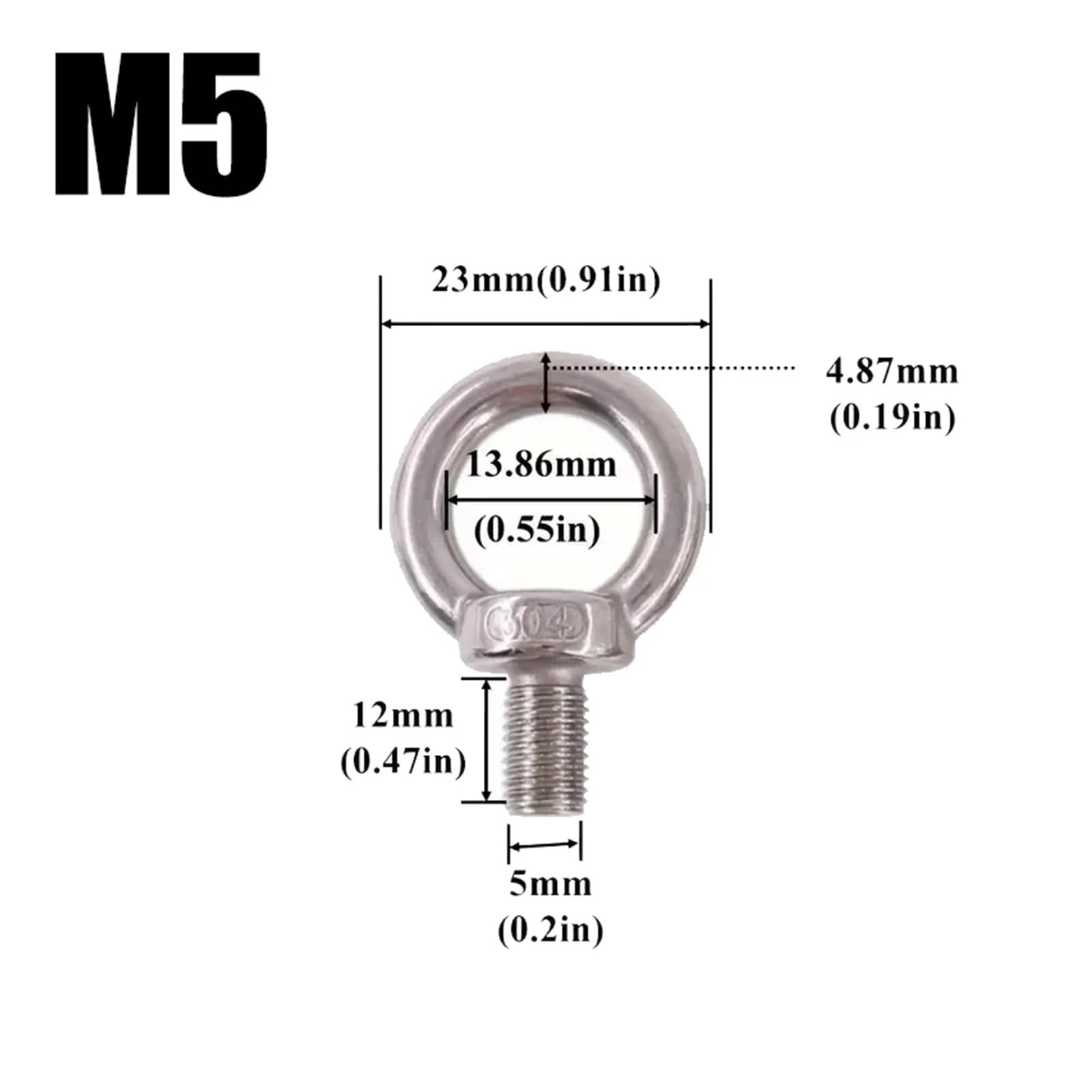 Pernos de Ojo de Acero CáNcamos Pernos de ojo elevación acero inoxidable M4 M5 M6 M8, perno anillo redondo alta resistencia, tornillo con orificio roscado for fijación colgante, cable(M5,5PCS)
