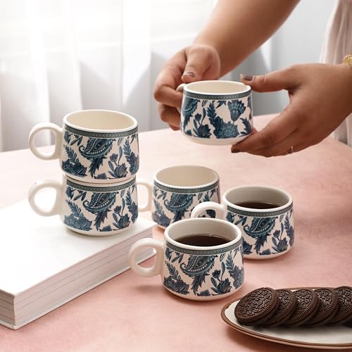 Image of miah decor Ceramic Tea Cups Set of 6 - Blue White | Handcrafted Stoneware Floral Printed Finish | Microwave & Dishwasher Safe Coffee Cups & Mugs for Home, Office & Gifting - Every Occasion | 180ml
