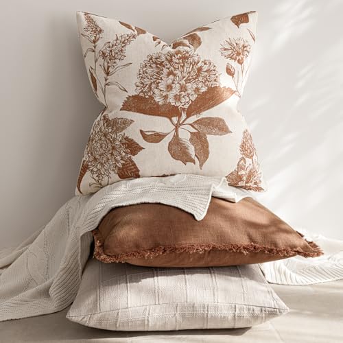 Image of Foindtower Set of 2 Linen Floral Throw Pillow Covers Vintage Accent Print Decorative Cozy Cushion Covers Farmhouse Boho Home Decor for Sofa Chair Couch Bedroom Living Room,20x20 Inch,Autumn Orange