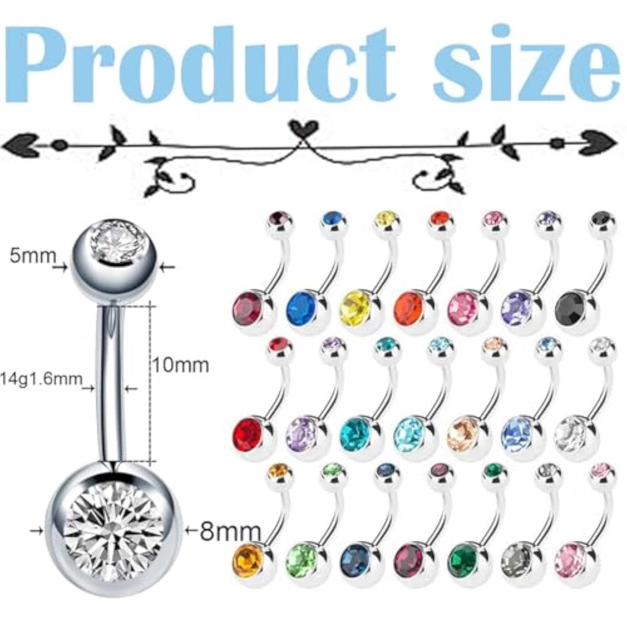 20 Pcs Stainless Steel Belly Bars for Body Piercing