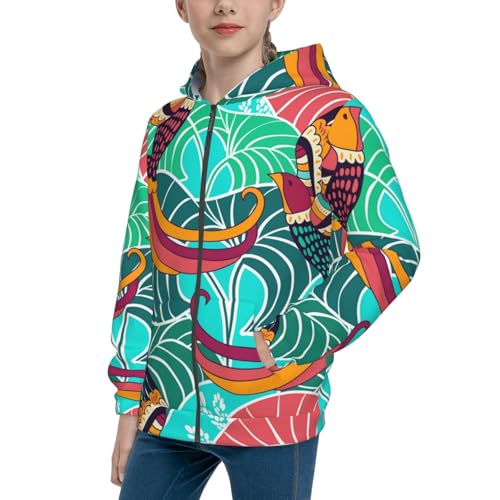 Colorful Bird Kids Pullover Hoodies Boys Zip Up Sweatshirts Girls Athletic Clothes with Pocket