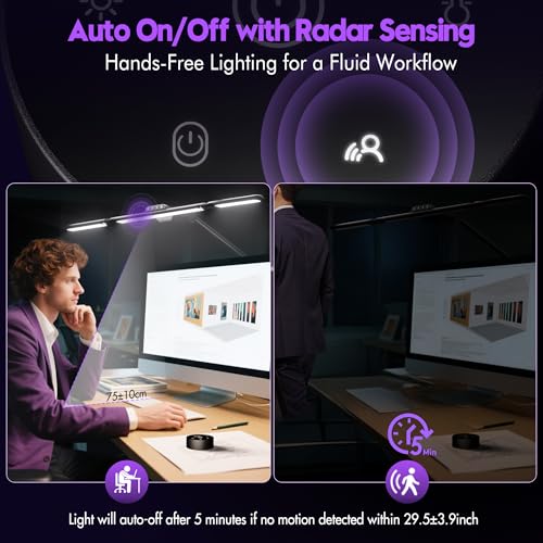 Image of Quntis 32.5 inch Architect Desk Lamps for Office Home Dorm - Eye Care 3 Light Bar 1100LM Bright, Ambient Backlight, Radar Sensor, Remote Control, 2H Timer, Workbench Drafting Reading Video Conference Task