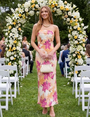 Image of Realtix Summer Satin Strapless Backless Maxi Dress for Women Wedding Guest
