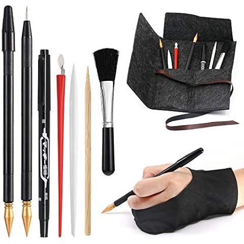 Scratch Art Tools, 9 Pcs Scratching Drawing Tools Set: Artist Glove, Tools Bag, Scratch Coloring Pens, Plastic and Wooden Stylus, Scraper, Repair Pen, Clean Brush for Adults & Kids Painting Paper Cover