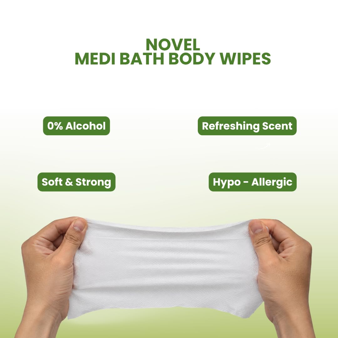 Novel Medi Bath Wet Wipes for cleaning 10 Wipes x Pack of 6 (60 Wipes) | Sponge wipes for Adults with Antiseptic Agent | Enriched with Aloe Vera, Vitamin E | Ready to Use Bed Bath Towel for Men & Women for Cleaning & Moisturizing 4