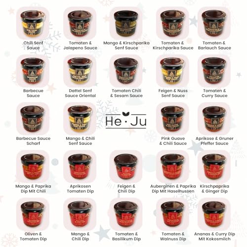 He-Ju Saucen & Dips Adventskalender 2025, 24 pikante bis scharfe Saucen & Dips in Gläschen, idealer Weihnachtskalender 2025 für Foodies, Grillfans & Feinschmecker