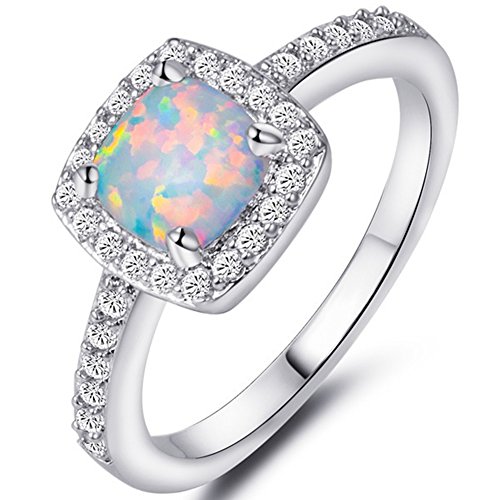 Jude Jewelers Princess Cut Created Fire Opal Engagement Ring (Silver, 7)