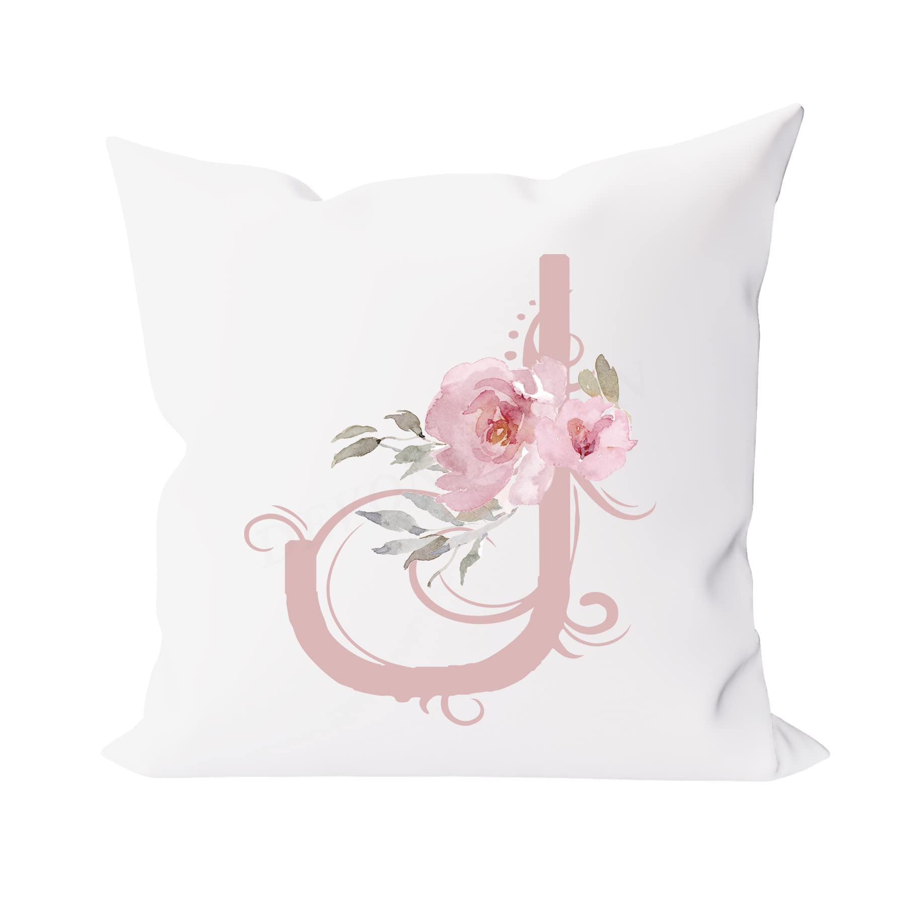 Alphabet J Throw Pillow Covers, 26" X 26" Pink Floral Monogrammed Pillow Cases - Letter J Pillow Covers - Initial Pillow Cover - Soft Square Cushion