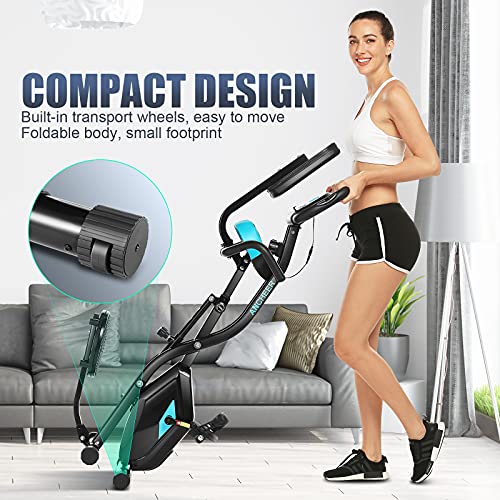 ANCHEER Hometrainer, inklapbaar, oefenfiets, app, 10 weerstandsniveaus, magnetisch, fitnessfiets met houder voor tablet/telefoon en brede en comfortabele pasvorm, zwart (met rugleuning) - Afbeelding 8