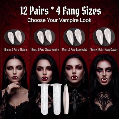 12 Pairs Halloween Vampire Teeth Fangs Fake Teeth with Adhesive Beads &Tweezers, 4 Sizes Reusable Vampire Teeth Halloween Costume Accessories Cosplay Horror Party Favors Masquerade - image 5