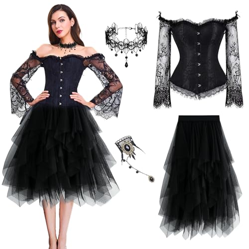 YeahBoom Korsett Damen Set, Gothic Vintage Corset Top Pirat Kostüm mit Schulter Ärmel, Corsage Schwarz mit Tüll Rock,Gotisch Halskette Armbänder,...