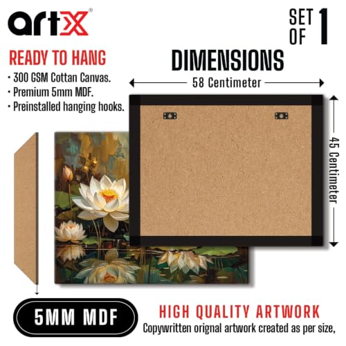 Image of ArtX White Lotus Painting For Wall Vastu, Canvas Painting for Living Room, Premium Floral Wall Painting, Gallery Wrapped, Home, Bedroom & Office Wall Decor | 45 x 58 cm