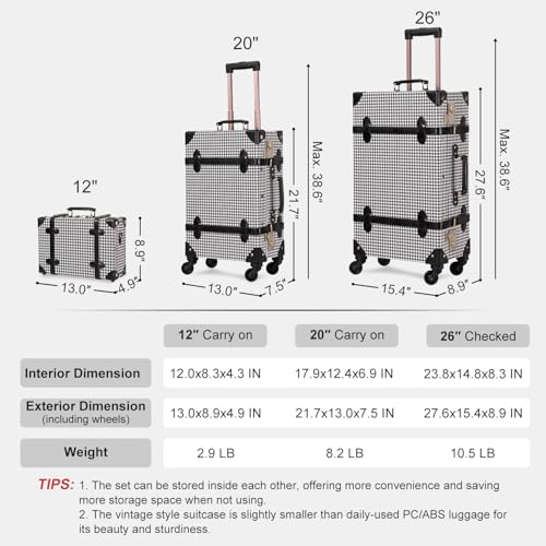 Image of UNIWALKER Vintage Suitcase Set, 3 Piece Retro Spinner Trunk, TSA-Approved Travel Luggage with Cosmetic Train Case for Women, Grid, 26 inch+20 inch+12 inch