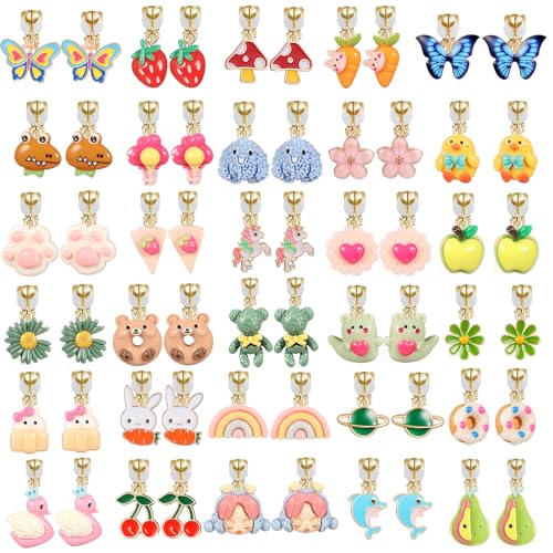 30 Pairs Cartoon Clip On Earrings for Girls, Adjustable Non-Piercing Ear Clips, Lightweight Plastic Animal/Flower/Fruit Designs (Butterfly, Strawberry, Dolphin) for Kids Teens Daily Wear Gift