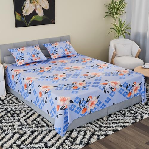 Image of Kuber Industries Cotton ‎100 TC Double Bedsheet With 2 Pillow Covers | Machine Washable Soft Bedsheet For Living Room, Home & Hotels | Flower Print - Light Blue