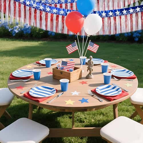 Image of 4 Packs 4th of July 250 Anniversary USA Decor, Red White and Blue Fringe Curtain Tinsel Streamers, Star Flag Hanging Backdrop Banner Table Skirts for Patriotic Party Independence Day