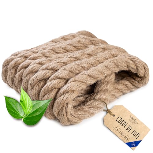 Creative Deco 5m Corde de Jute Epaisseur 30mm | Personnalisation Possible Tous Les 5m | Corde Solide et Durable | Torsadé en Fibres Naturelles | Bricolage, Balustrade, Jardin et Maison
