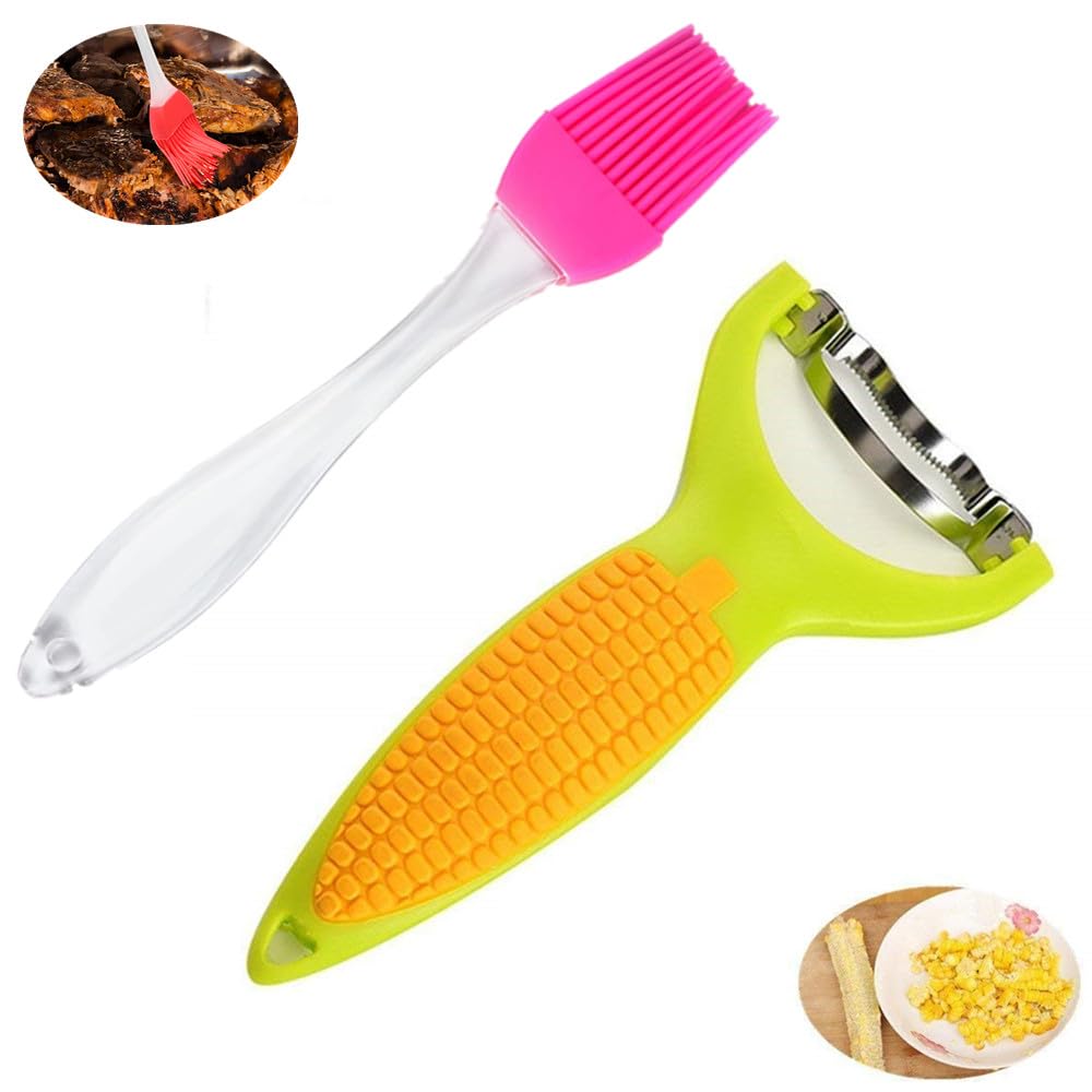 KeepingcooX Corn Zipper, Ergonomic Corn Planer Cutter Cob Peeler Corn Stripper Kernel Cutter, Premium 420 Stainless Steel with Non Slip PP, Reuable Silicone Basting Brush