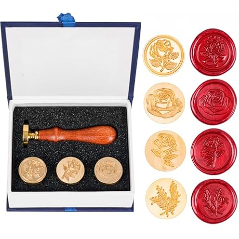 LSYGXYZ Wax Seal Stamp Set, 4 Pieces Flower Plant Sealing Wax Stamp Premium Brass Heads with 3 Rose Flower Styles 1 Rosemary Style 1 Wooden Handle for Wedding Invitation Greeting Card Envelope Gift Cover