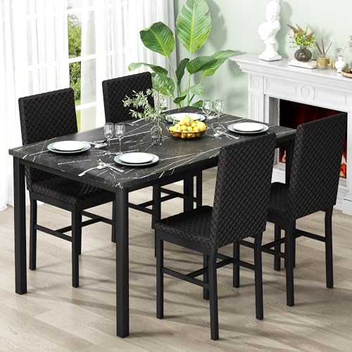 Recaceik Dining Table Set for 4, Modern 5 Piece Dining Table Set Faux Marble Kitchen Table & 4 Velvet Upholstered Chairs, Dining Room Set for Small Space - Image 3