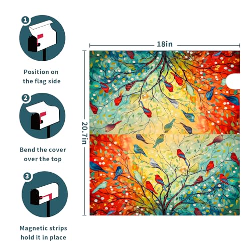 Image of Spring Summer Flower Mailbox Covers Magnetic Standard Size 18x21 Inch Colorful Rainbow Tree of Life Branch Mailbox Covers Spring Abstract Birds Mailbox Wrap Post Letter Box Cover for Home Gadern Decor