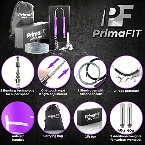 Image of PrimaFIT Pro Speed Skipping Rope Adult Fitness for Men Women Weighted Jump Rope 3m Adjustable Self-Locking Aluminium Boxing Gym MMA Crossfit Workout Fat Loss Spare Cable, Weights, Protectors Carry Bag