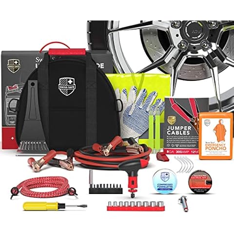 Swiss Safe 2-in-1 Survival Car Emergency Kit for Vehicles - Compact & Portable Car Safety Kit w/Travel Bag + Bonus Car First Aid Kit (378 Piece) - 12-Foot Jumper Cables - Auto Essentials Cover