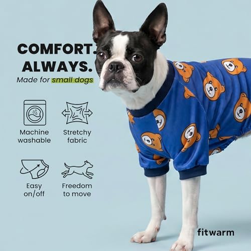 Image of Fitwarm Cute Bear Dog Pajamas, Dog Clothes for Small Dogs Boy Girl, Fleece Pet Onesie with Feet, Royal Blue, Brown, XS