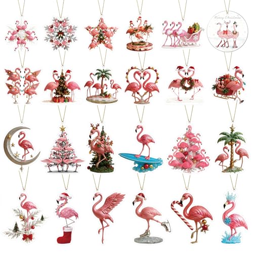 Flamingo Christmas Ornaments 2025, 24Pcs Acrylic Pink Flamingo Ornaments for...
