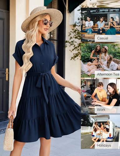 JASAMBAC Women's Button Down Shirt Dress 2025 Casual Work Summer Collared V Neck Elastic Waist Flowy Pocket Beach Sundress - Image 5