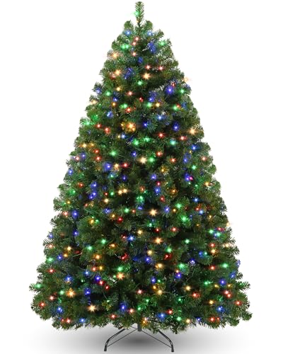 Pre Lit Christmas Tree 6ft Artificial Xmas Tree with 250 Multi Colour LED Lights 8 Light Modes Bushy 1000 Branch Tips Foldable Metal Stand for Home Office Party Holiday Decoration