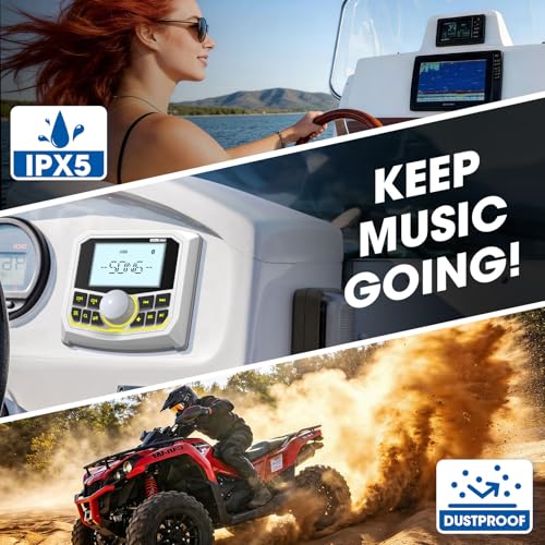 Image of Marine Boat Radio Bluetooth Receiver - Gauge Style Marine Stereo Media System - 2.8 Inch LCD Display AUX USB AM FM Pre-Amp Subwoofer for UTV ATV RZR Golf Cart Spa Hot