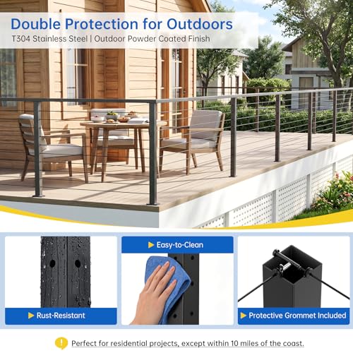 Image of 36 inch Swageless T-drilled Cable Railing Corner Post for Deck Cable Railing, T304 Stainless Steel Three Sides 90 Corner Deck Post with Upgraded Black Powder Coating for Indoor Outdoor Porch