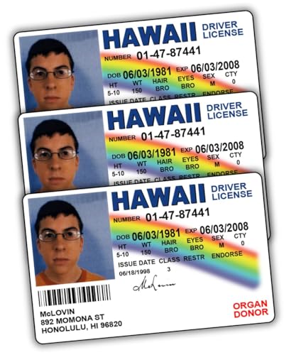 Pack of 3 McLovin ID Driver License Superbad/Prank Items/Fake ID License/Double Sided/Great Complement for Costumes/Professional Quality: Funny Car Accesories/Funny Things