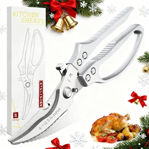 TIVOLI Poultry Shears Silver,Japanese Kitchen Shears Heavy Duty with Non-Slip Handle & Safety Lock,Multifunctional Kitchen Scissors for Chicken, Meat, Turkey, Fish, Vegetables,Ideal Gift