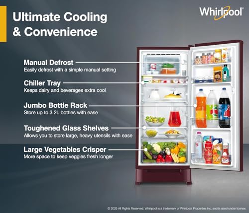 Image of Whirlpool 192 L 4 Star Direct-Cool Single Door Refrigerator with Base Drawer, ‎220 Volts (215 IMPC ROY 4S Wine Mulia-Z)