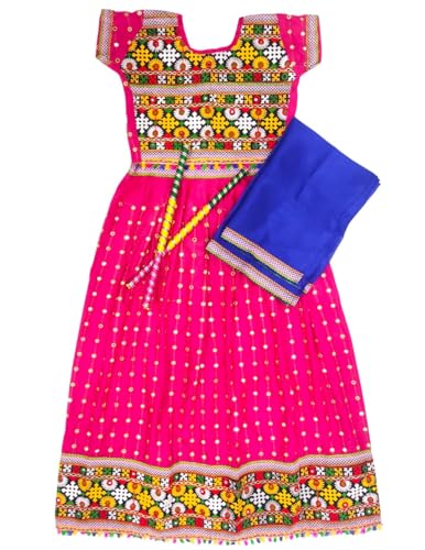 Image of BookMyCostume Lehenga Choli for Girls with Dandiya Set | Pink Kids Garba Costume for Navratri | Kids Lehenga for Girls with Dupatta & Dandiya Sticks | Traditional Garba Nights Outfit | 12-16 Years