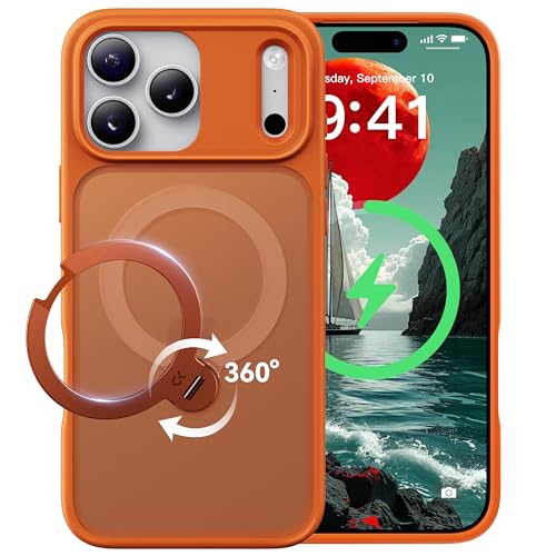 【2026最高傑作&定点360度回転】CASEKOO iPhone 17 Pro Max 用 ケース MagSafe対応 米軍MIL規格 360°全方向耐衝撃 【横縦両立・角度自由調整】最大25W急速充電対応 指紋防止/マット仕上げ/黄変防止/半透明 ラップホール付き ワイヤレス充電対応 いphone17promax 用ケース 6.9インチ「MagicStand Pro」(オレンジ)