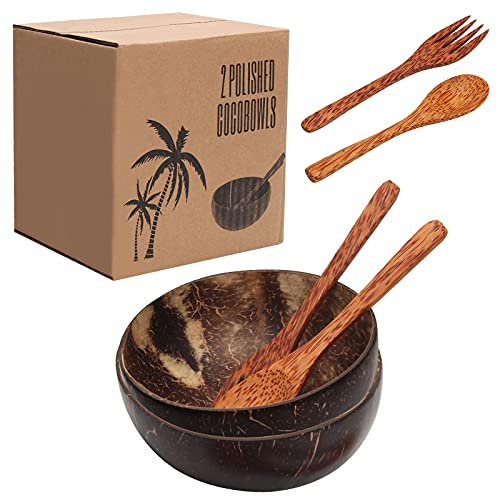 Coconut Bowls and Spoons Kit, Luxiv Natural Coconut Bowls for Salad Smoothie Coconut Bowl with 2 Coconut Spoons and 2 Coconut Forks Hand Made Coconut Shells Bowls
