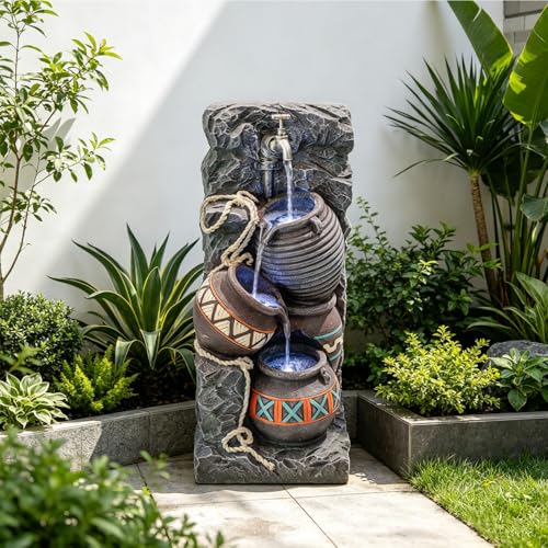 Image of Earthenware Jar Outdoor Water Fountain, Resin with LED, 24.4 in