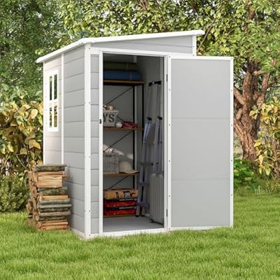 Patiowell 5x4 FT Outdoor Storage Shed with Floor, Resin Outside Storage Shed with Floor & Lockable & Window Door for Patio Furniture, Garden Tools and Bicycle, Light Gray