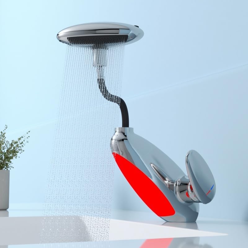 Temperature-Sensitive LED Bathroom Mixer 4-Mode Outlet Color-Changing Light 60cm Hose Hot Cold Water Fixture(B)